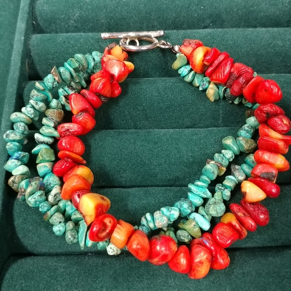 Turquoise Chip & Coral Bracelet 3 Strand 925 Sterling Silver 8" Long - Picture 3 of 16